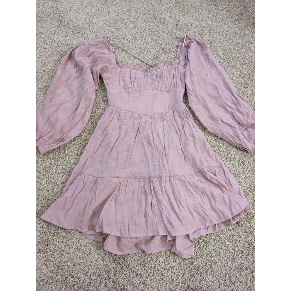 Princess Polly Mauve Pink Balloon Sleeve Lace Up Back Ruffle Mini Dress US 4